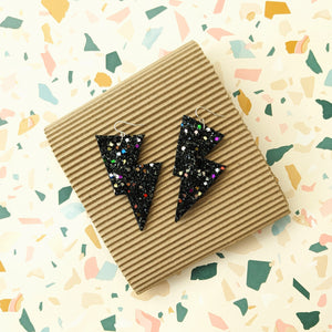 Dark Confetti Glitter - Disco Bolt Lightning Bolt Earrings
