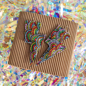 Rainbow Pattern Glitter - Super Disco Bolt Lightning Bolt Earrings