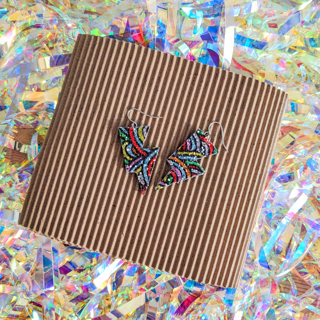 Rainbow Pattern Glitter - Mini Disco Bolt Lightning Bolt Earrings