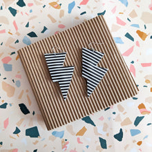Load image into Gallery viewer, Black and White Stripe Matte Leatherette - Disco Bolt Lightning Bolt Earrings
