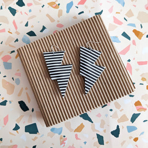 Black and White Stripe Matte Leatherette - Disco Bolt Lightning Bolt Earrings