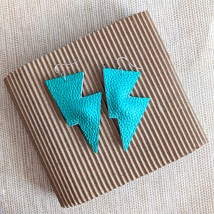 Teal Metallic Leatherette - Disco Bolt Lightning Bolt Earrings