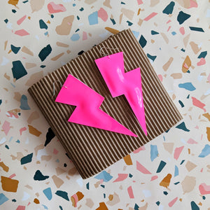 Neon Pink Patent Leatherette - Super Disco Bolt Oversized Lightning Bolt Earrings