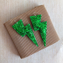 Load image into Gallery viewer, Emerald Green Glitter - Super Disco Bolt Oversized Lightning Bolt Earrings
