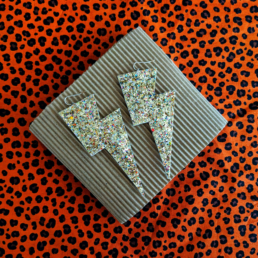Crushed Pearl Gold Glitter Super Disco Bolt Oversized Lightning Bolt Earrings