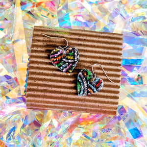 Good Disco Small Heart Earrings (choose your backs) - Rainbow Pattern Glitter