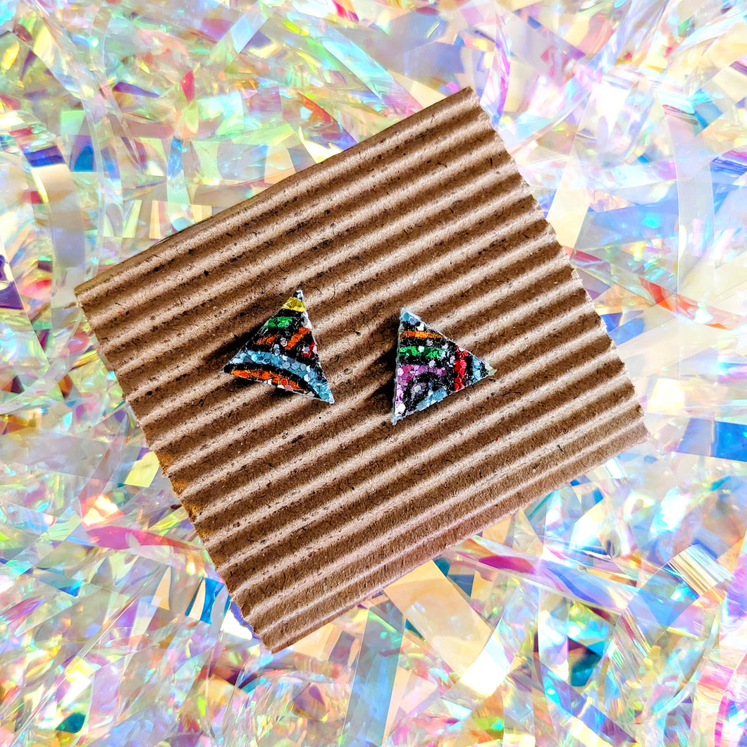 Good Disco Collection - Triangle Stud Earrings - Rainbow Pattern Glitter