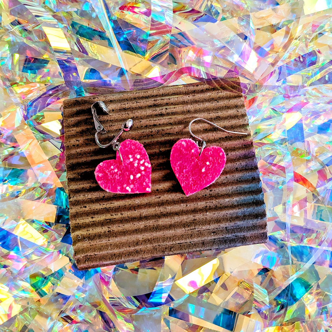 Good Disco Heart Earrings (choose your backs) - Pink Glitter