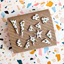 Load image into Gallery viewer, Good Disco Heart Earrings (choose your backs) - White Hand Painted Leopard Print
