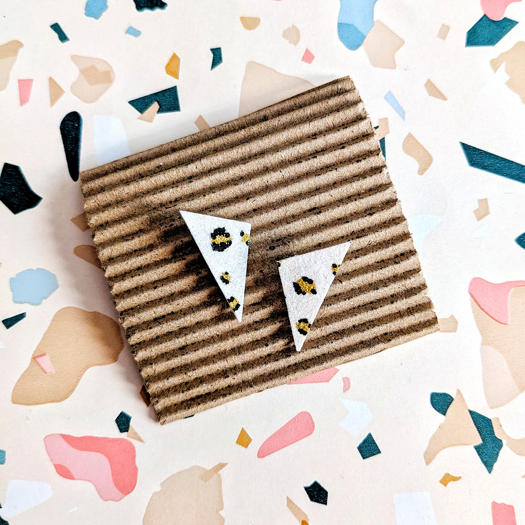 Good Disco Short Triangle Stud Earrings - White Leopard Print