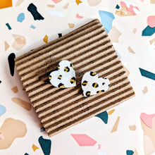 Load image into Gallery viewer, Good Disco Heart Earrings (choose your backs) - White Hand Painted Leopard Print
