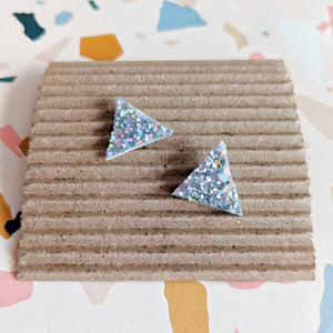 Good Disco Collection - Triangle Stud Earrings - Hologram Silver Glitter