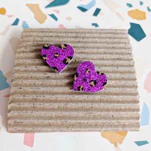 Good Disco Small Heart Earrings (choose your backs) - Purple Hand Painted Leopard Print