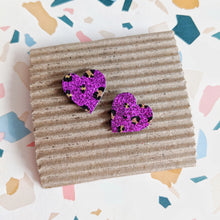 Load image into Gallery viewer, Good Disco Small Heart Earrings (choose your backs) - Purple Hand Painted Leopard Print
