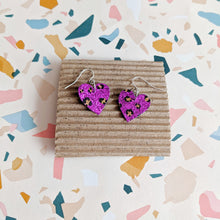 Load image into Gallery viewer, Good Disco Small Heart Earrings (choose your backs) - Purple Hand Painted Leopard Print
